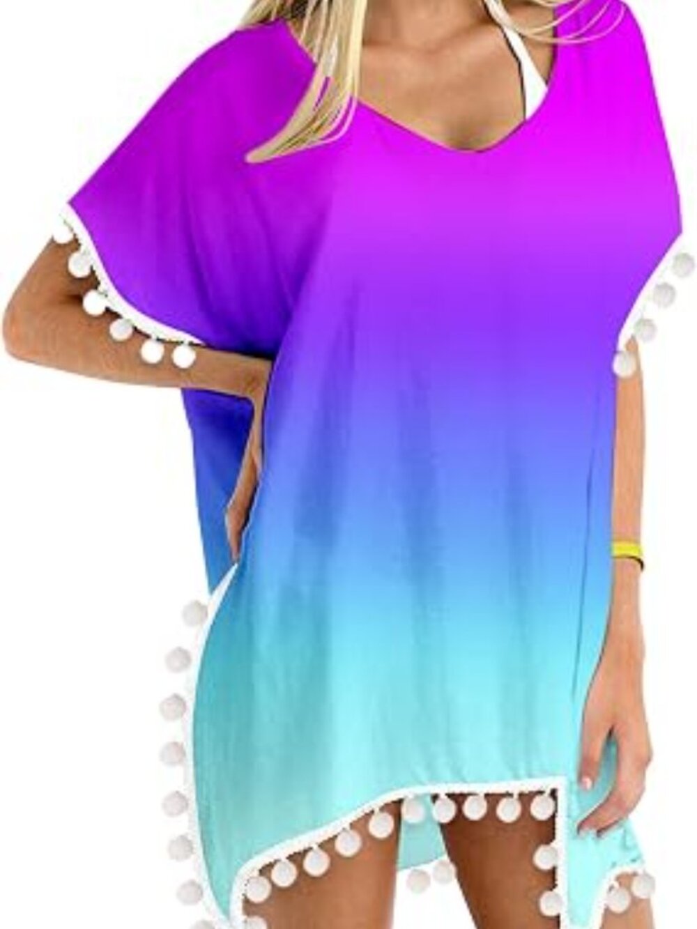 Ombre Pom-Pom Trim Women's Cover-Up Top - Blue to Purple